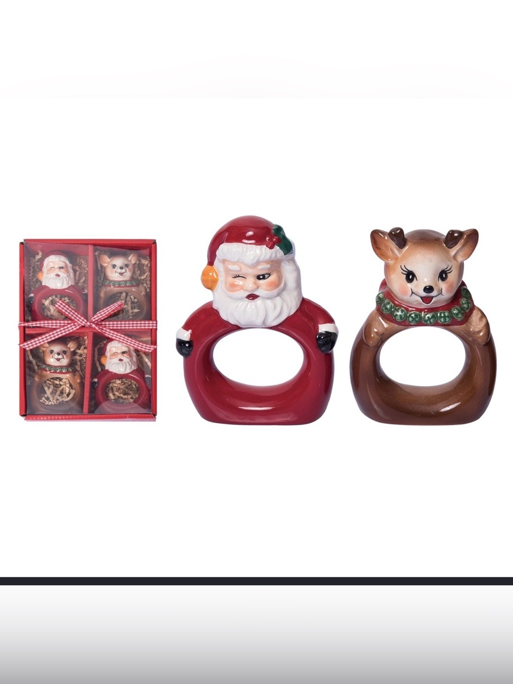 Transpac 8.25 in. Holiday Vintage Santa Reindeer Napkin Rings Set of 4
